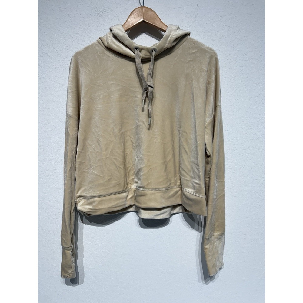 AEO Offline by Aerie Hoodie Women M Beige Velvet Cropped Pullover Sweatshirt